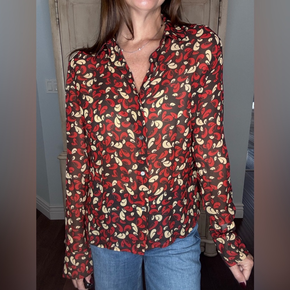 Vintage The Limited Retro Print Silk Button Down Blouse Medium Brown